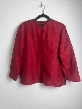 Eileen Fisher Medium Crimson Red Linen Silk Blend Button Front Lagenlook Top